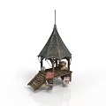 Small Wooden Pavilion Structure With Pointed Roof Steps And Items On