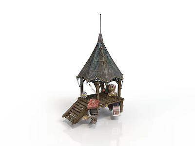 Small Wooden Pavilion Structure With Pointed Roof Steps And Items On 3d model