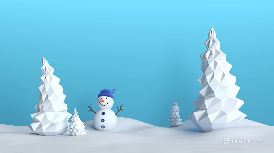 Snowman Sculpture And Geometric Tree Carvings On White Snow Blue Background 3d model 