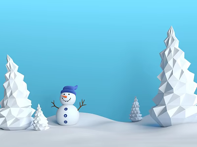 Snowman Sculpture And Geometric Tree Carvings On White Snow Blue Background 3d model