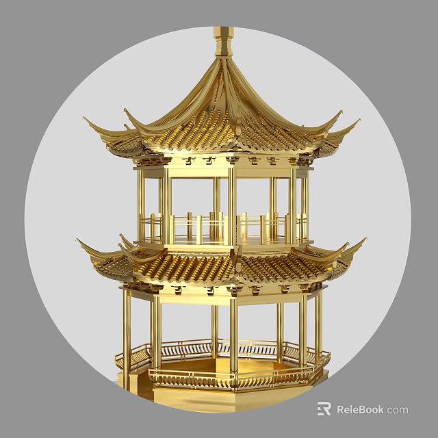 Chinese Style Golden Pagoda Decorative Ornament Set with Multi Tiered Structure and Exquisite Carvings 3d model 