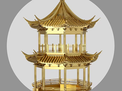 Chinese Style Golden Pagoda Decorative Ornament Set with Multi Tiered Structure and Exquisite Carvings 3d model