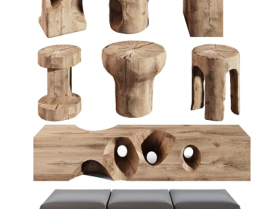 Unique Wooden Stools With Natural Wood Texture And Stump Style Carved Seats 3d model