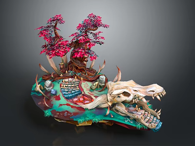 Cartoon Fantasy Scene With Pink Trees Tree Roots Stone Steps Crocodile Skull And Colorful Ground 3d model