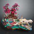 Cartoon Fantasy Scene With Pink Trees Tree Roots Stone Steps Crocodile Skull And Colorful Ground