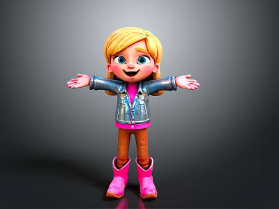 Cartoon Girl Character With Blonde Hair Blue Eyes Denim Jacket Pink Boots And Dark Background 3d model