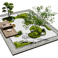 Beautiful Courtyard Garden Design With Small Trees Green Grass Stones And Wooden Tea Area