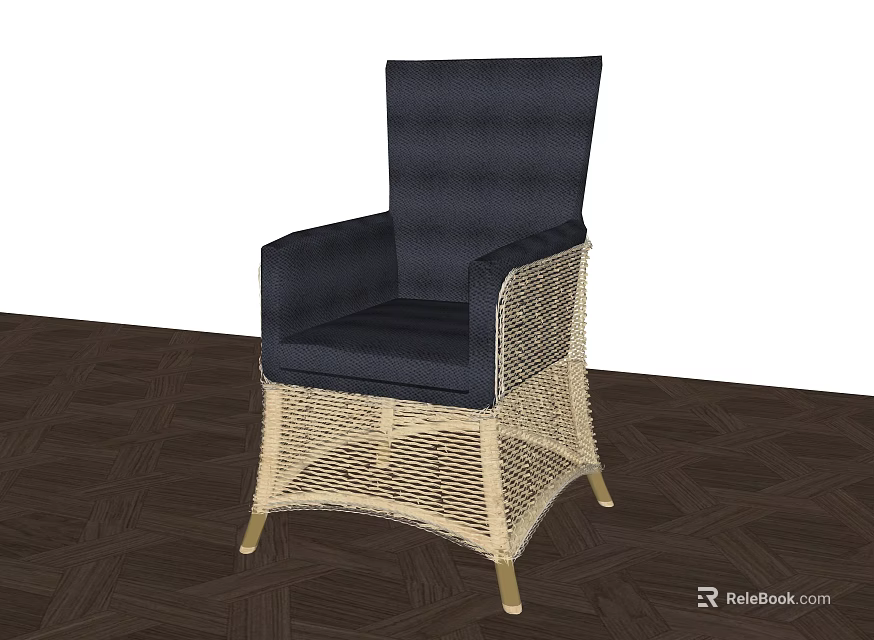 Navy Blue Leisure Chair With Woven Frame Gold Metal Legs And Dark Wooden Floor 3d model 