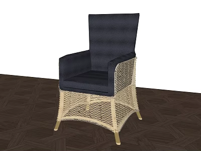 Navy Blue Leisure Chair With Woven Frame Gold Metal Legs And Dark Wooden Floor 3d model