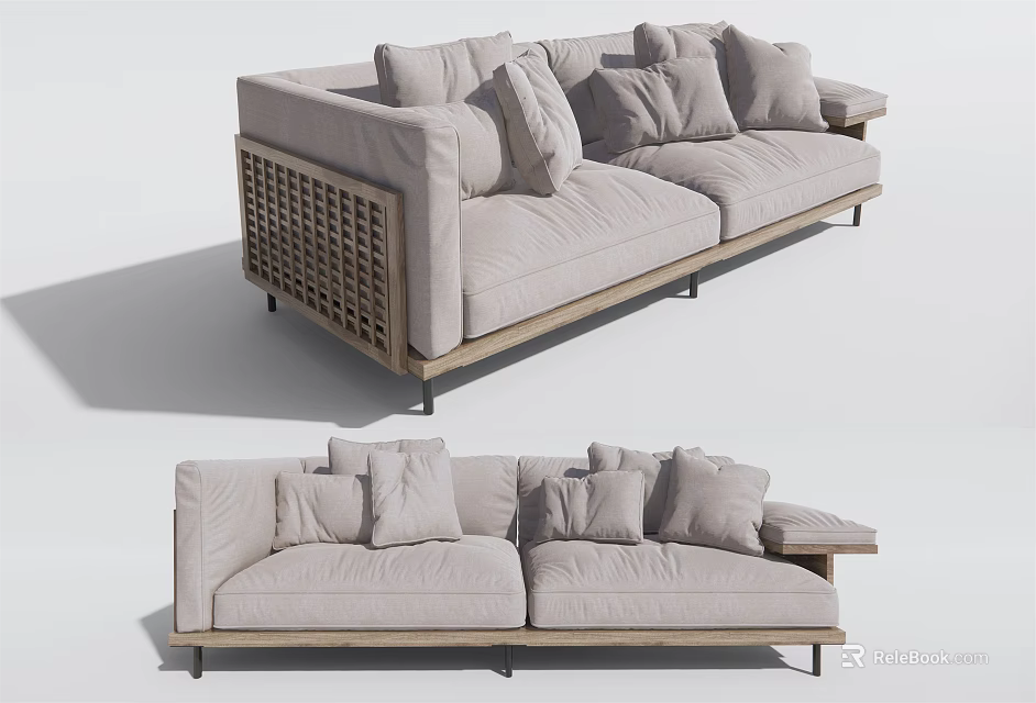 Minimalist Modern Light Gray Two Seater Sofa With Plush Cushions And Wooden Frame Design 3d model 