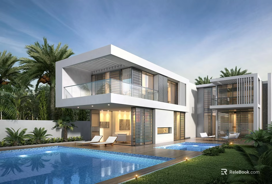 Modern Single Family Villa With Swimming Pool Balcony Palm Trees And Floor To Ceiling Windows 3d model 