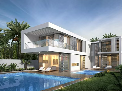 Modern Single Family Villa With Swimming Pool Balcony Palm Trees And Floor To Ceiling Windows 3d model