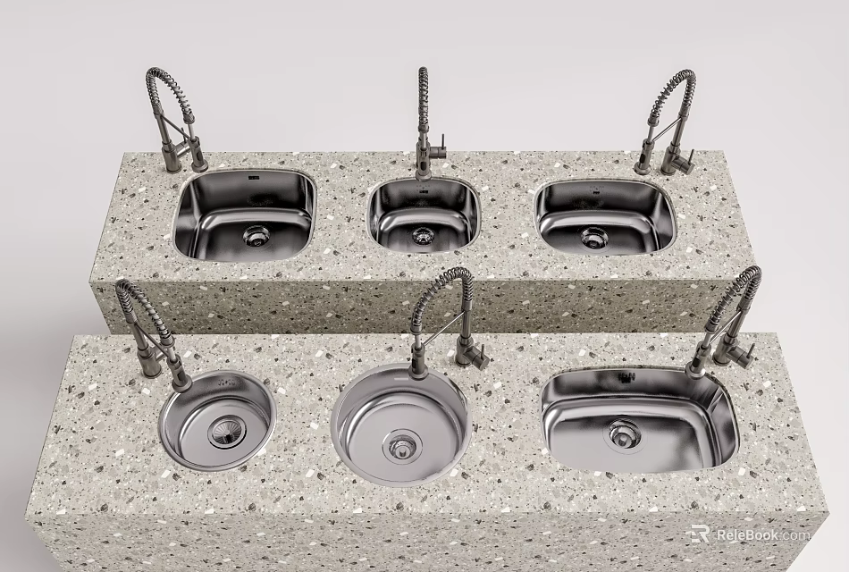 Stainless Steel Kitchen Sinks In Various Designs With Faucets On Speckled Countertop 3d model 