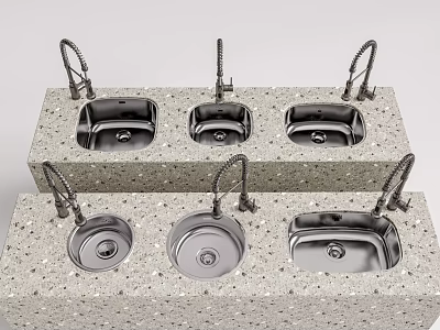 Stainless Steel Kitchen Sinks In Various Designs With Faucets On Speckled Countertop 3d model