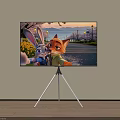 Television On Tripod Stand Displaying Zootopia Judy Nick Scenic Road With Lamps