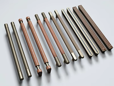 Various Stylish Furniture Handles With Metallic And Brown Textured Surfaces For Cabinets 3d model