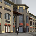 Modern And Traditional Commercial Street With Red Awnings Shops And Pedestrians