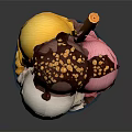 Three Scoops Ice Cream In Blue Bowl With Chocolate Sauce Nuts And Cookie Stick