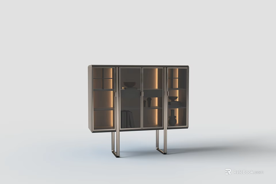Modern Wine Cabinet With Glass Doors Metal Frame And LED Lighting Display Shelves 3d model 