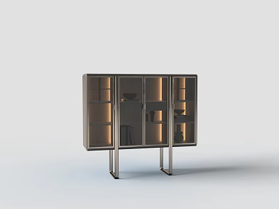 Modern Wine Cabinet With Glass Doors Metal Frame And LED Lighting Display Shelves 3d model