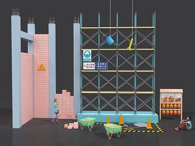 Construction Site With Scaffolding Brick Wall Workers Warning Cones And Toolbox 3d model