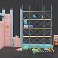 Construction Site With Scaffolding Brick Wall Workers Warning Cones And Toolbox 3d model
