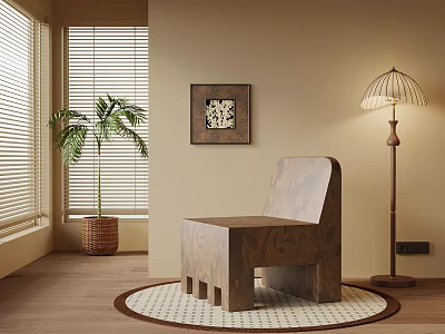 Wooden Accent Chair on Round Rug with Floor Lamp Wall Art Potted Plant Window Blinds 3d model