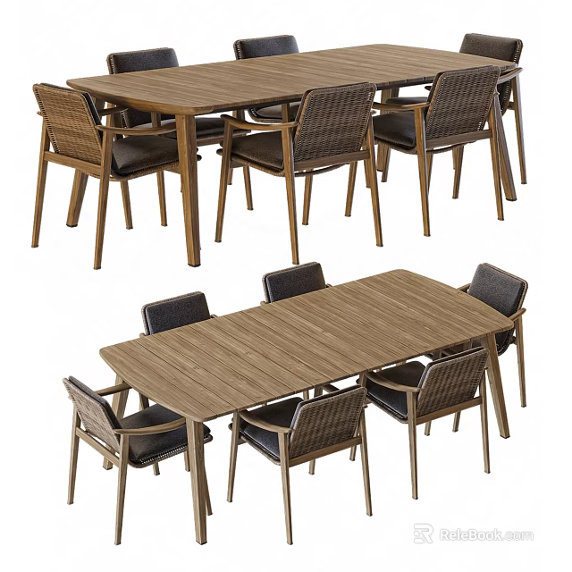 Modern Wooden Table And Chair Set With Woven Backrest And Black Cushions 3d model 