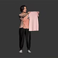 Woman Holding Pink Towel Wearing Pink Top Black Pants And White Shoes Against Gray Background