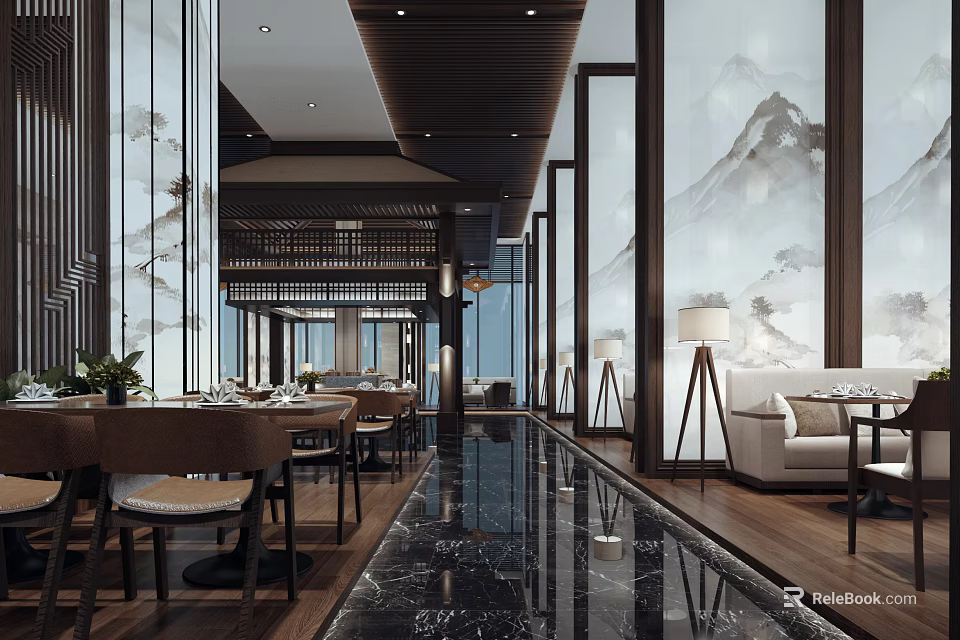 Elegant Traditional Chinese Restaurant Interior With Mountain Landscape Mural Wooden Decor And Marble Floor 3d model 