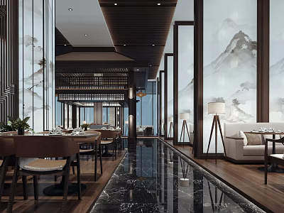 Elegant Traditional Chinese Restaurant Interior With Mountain Landscape Mural Wooden Decor And Marble Floor 3d model