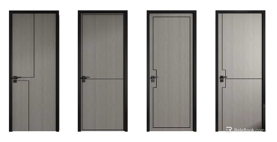 Modern Swing Doors With Wooden Texture And Black Frame For Home Interior 3d model 