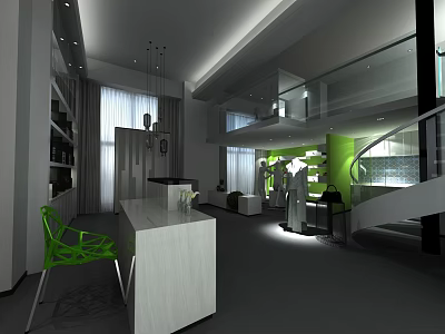 Modern Store Interior Design With Green Chairs White Counter Staircase And Bookshelves 3d model