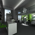Modern Store Interior Design With Green Chairs White Counter Staircase And Bookshelves