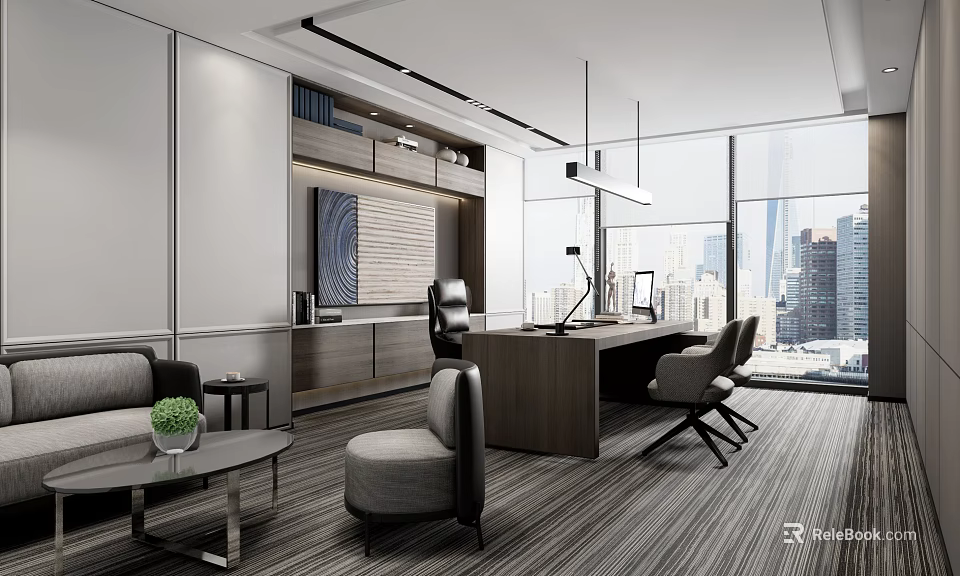 Modern Office Interior With Large Windows Desk Chairs Sofa And City View 3d model