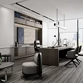 Modern Office Interior With Large Windows Desk Chairs Sofa And City View 3d model