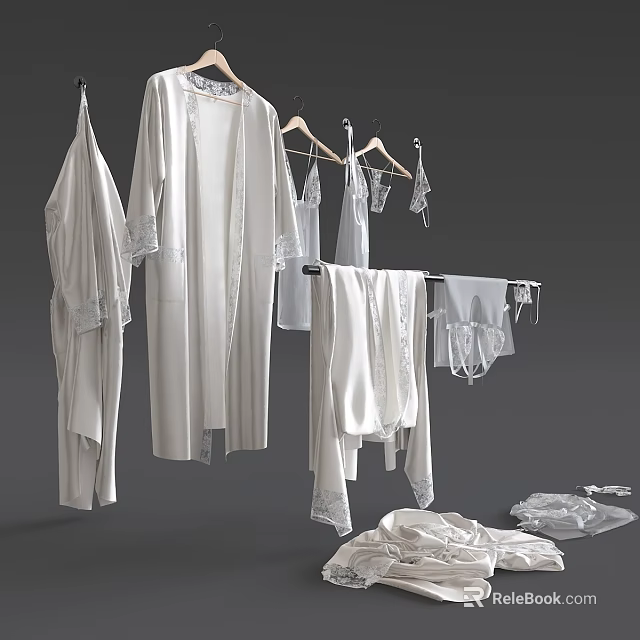 White Soft Lingerie and Nightgowns with Lace Details Hanging on Hangers and Drying on Rack 3d model 