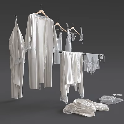 White Soft Lingerie and Nightgowns with Lace Details Hanging on Hangers and Drying on Rack 3d model