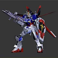 Gundam Robot Figure With Red Blue White Armor Standing Pose And Gun Weapon