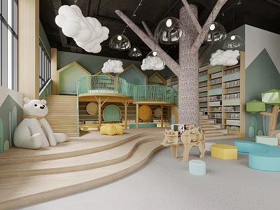 Children's Reading Area Art Design With Tree Cloud Lamps Shelves And Toys 3d model