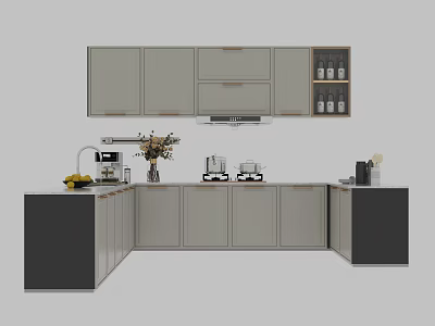 Modern Kitchen Interior With Gray Black Cabinets Countertop And Decorative Appliances 3d model