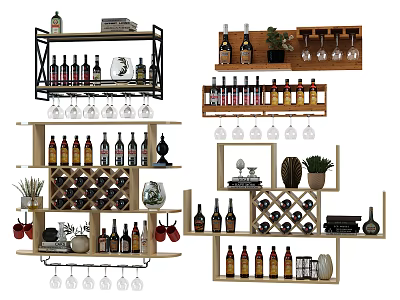 Stylish Wine Cabinet Design With Multiple Shelves Wine Bottles Glasses And Decorative Items 3d model