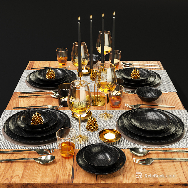 Elegant Black Dinnerware Set With Gold Wine Glasses Pine Cone Decorations And Cutlery 3d model 