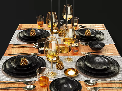 Elegant Black Dinnerware Set With Gold Wine Glasses Pine Cone Decorations And Cutlery 3d model
