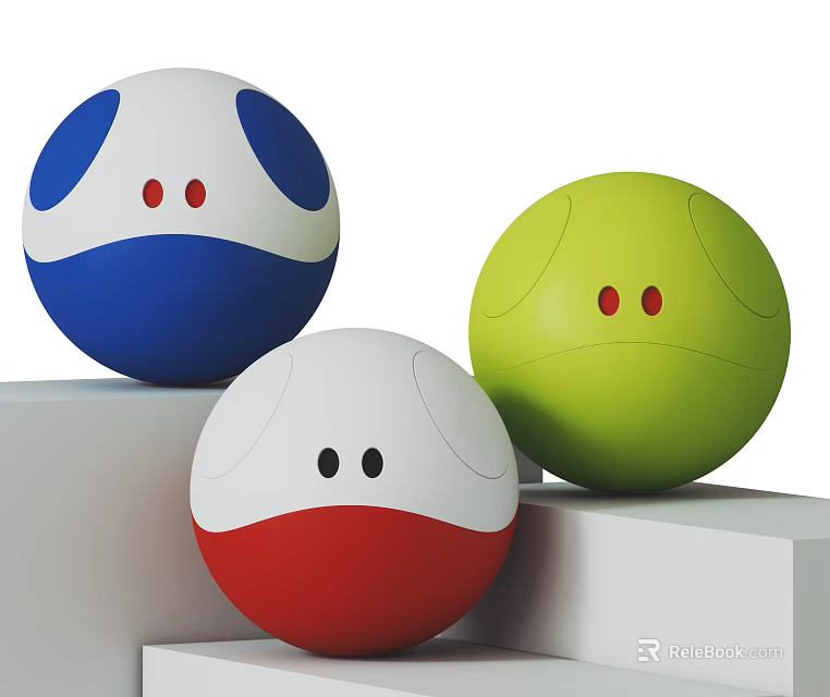 Round Dolls With Blue White Red Green Colors Round Ears And Dot Eyes On White Platforms 3d model 