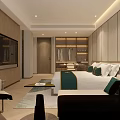 Elegant Modern Hotel Guest Room With King Bed And Panoramic City Landscape Through Large Windows