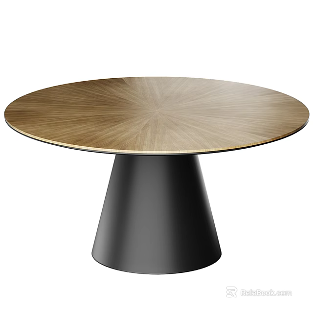 Round Wooden Dining Table With Radial Pattern Top And Black Cone Base 3d model