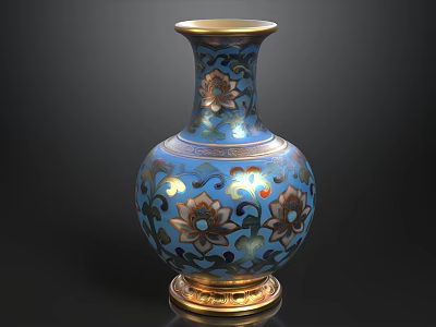 Elegant Blue Vase With Gold Trim And Intricate Floral Patterns Design 3d model