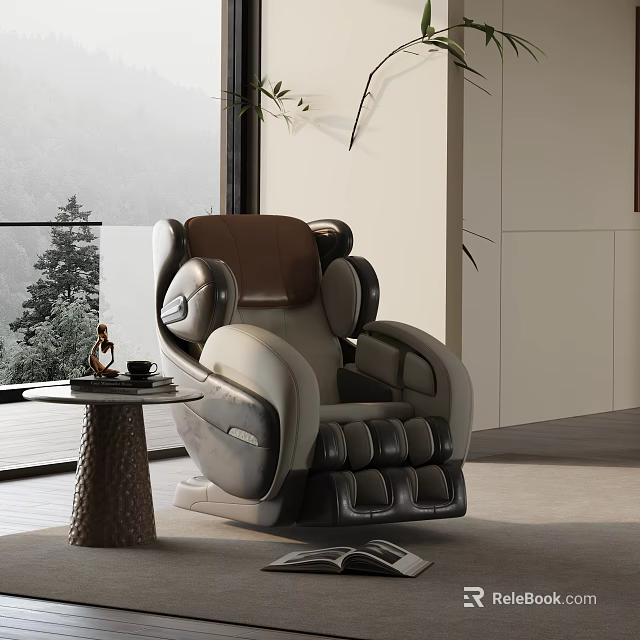 Modern Leisure Massage Chair With Gray Brown Upholstery And Side Table In Scenic Interior 3d model 