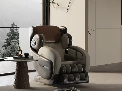 Modern Leisure Massage Chair With Gray Brown Upholstery And Side Table In Scenic Interior 3d model
